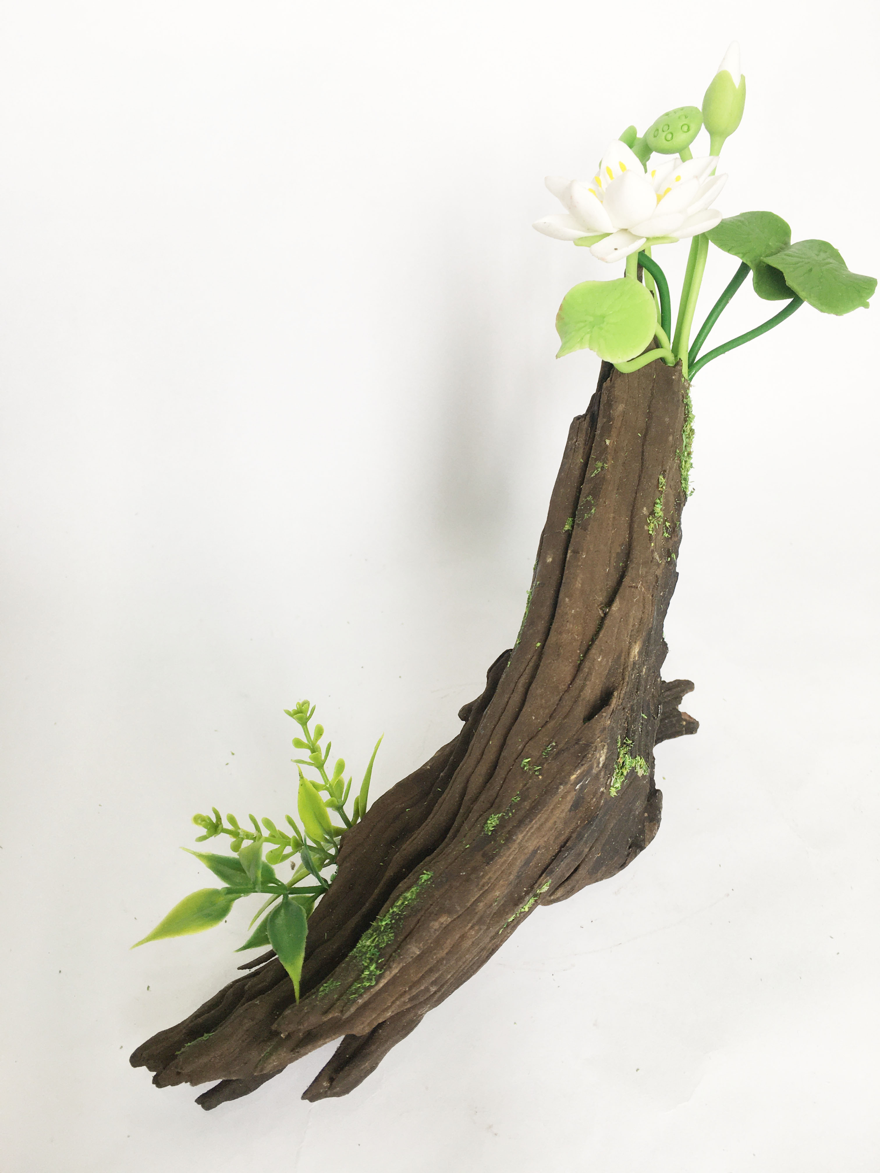 Lũa gỗ hình dáng tự nhiên kết hợp Hoa sen đất sét mini  - Quà tặng trang trí handmade