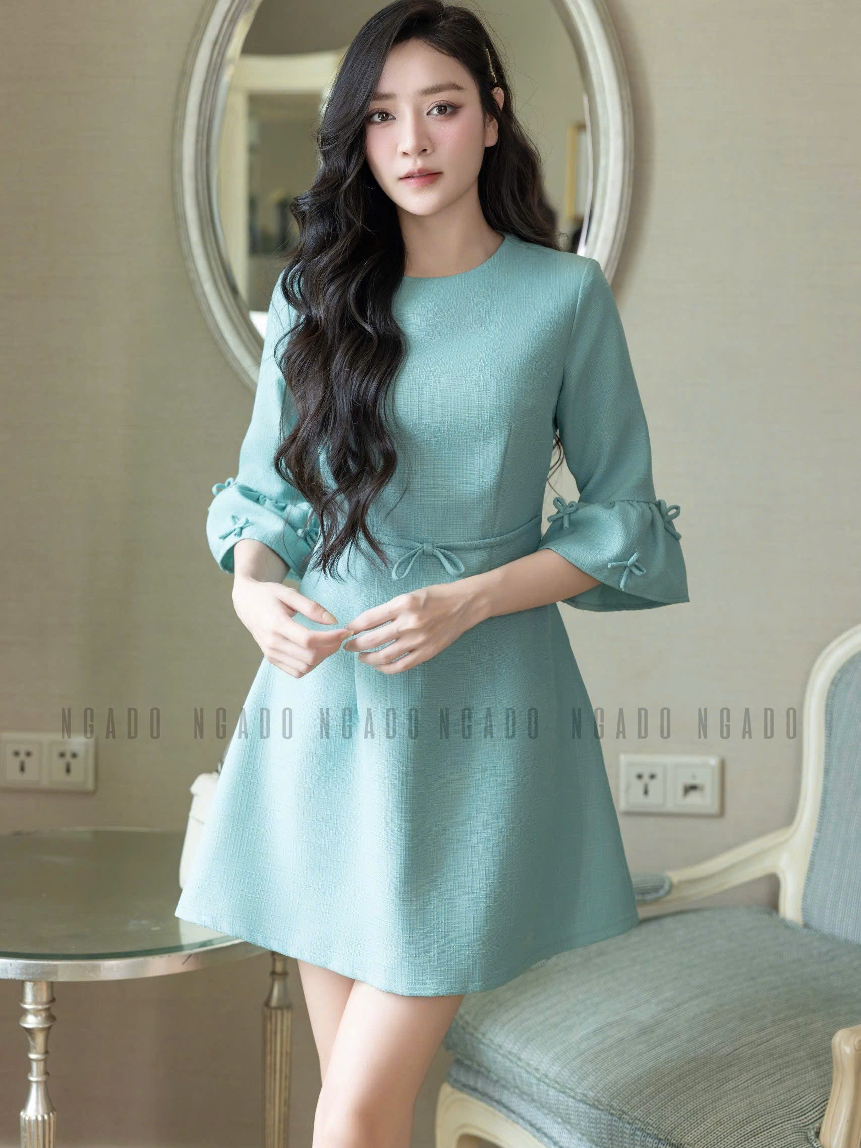 Đầm xanh mint tay chuông NGADO , đầm kiểu Nữ , đầm công sở , dự tiệc
