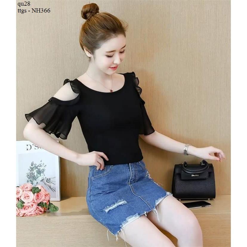 Ttgs - NH366 ÁO SƠ MI HỞ VAI PHỐI BÈO