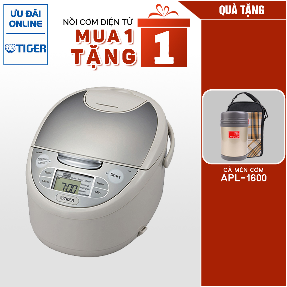 MUA 1 TẶNG 1 Nồi cơm điện tử Tiger 4 trong 1 JAX-S10W (1.0L) TẶNG 1 HỘP CƠM GIỮ NHIỆT APOLLO APL-1600 - Hàng chính hãng