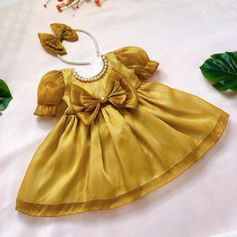 Váy Tơ Vàng Lấp Lánh Cho Bé Gái 4 Đến 28kg, Đầm Bé Gái Tặng Kèm Cài [V019