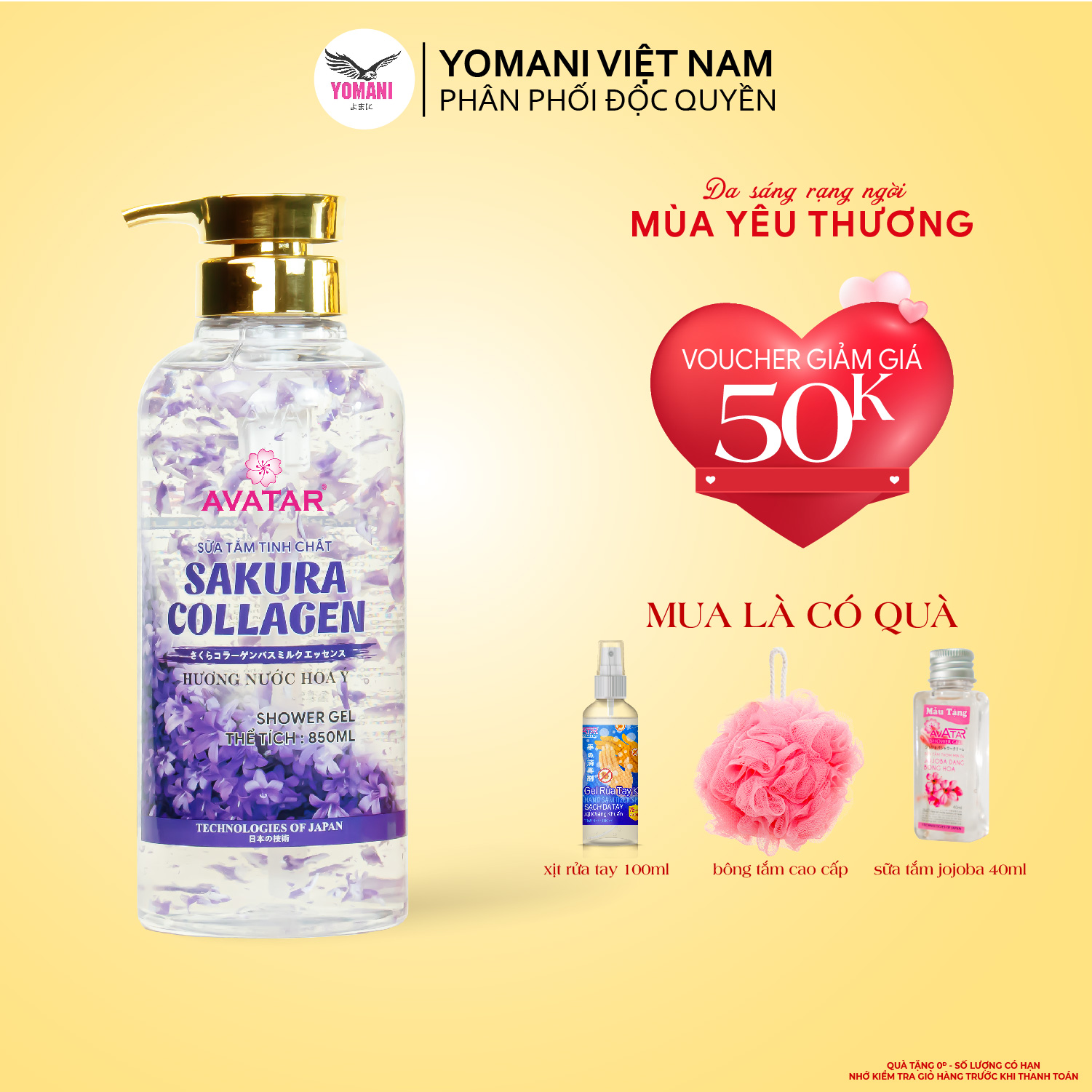 Sữa Tắm Sakura Avatar Tinh Chất Collagen Hương Nước Hoa Ý Phục Hồi Da , Chống Lão Hóa, Trắng Da 850ml (Hoa Tím)