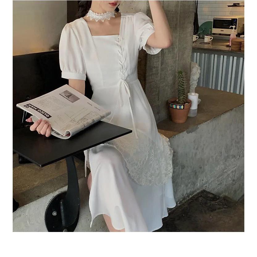 Váy cổ vuông tay dài