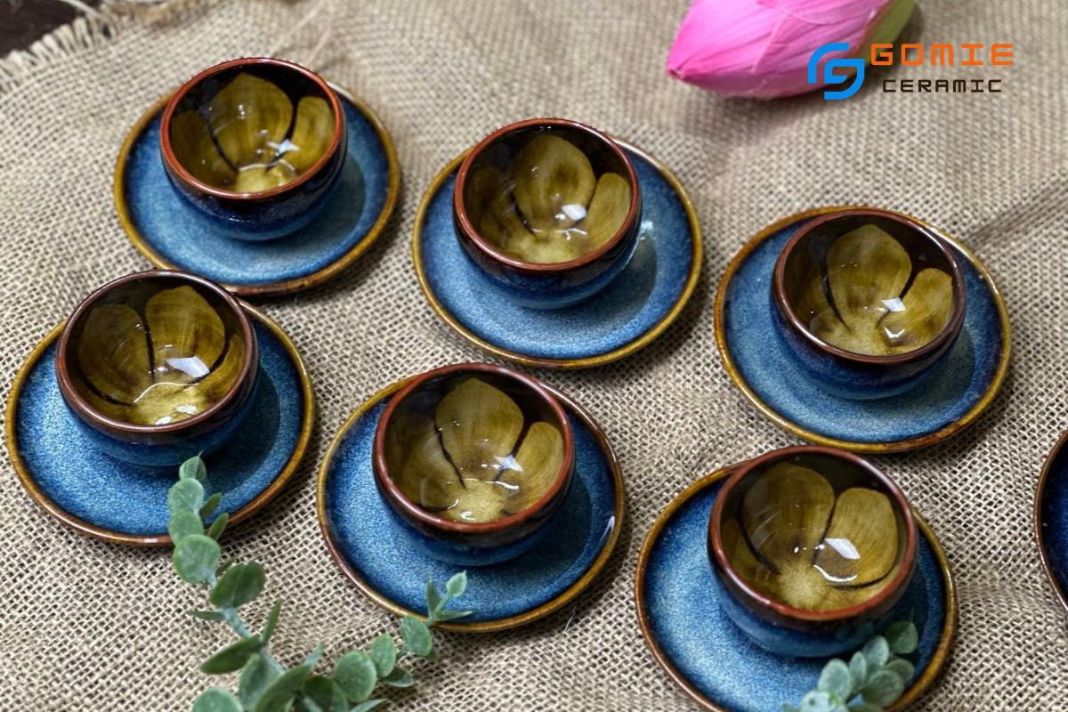 Bộ Ấm Bầu Quai Đồng Long Chén Đúc Hoa Hỏa Biến Xanh Sóng Biển đầy đủ phụ kiện