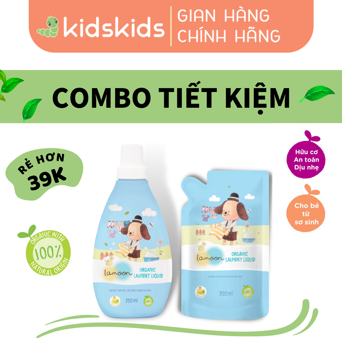 COMBO Nước giặt đồ sơ sinh Organic an toàn cho bé Lamoo dạng Bình 750ml + Túi refill 700ml