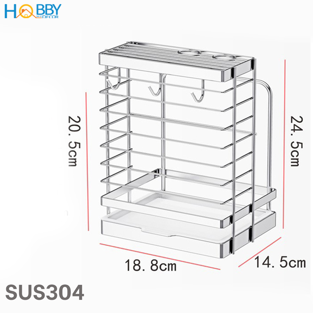 Kệ cắm dao thớt kèm 3 móc treo đồ Hobby Home Decor DD2N3 chuẩn Inox 304 không rỉ sét - kèm khay hứng nước