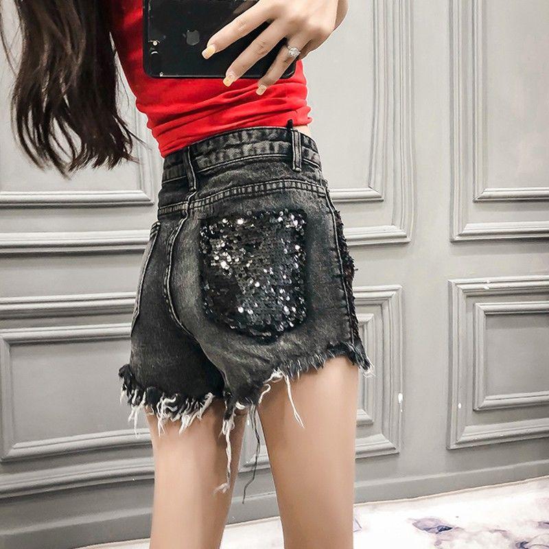 Quần Short Denim Dáng Suông Lưng Cao Viền Đính Kim Sa Lấp Lánh Kiểu Mới Thời Trang Mùa Hè Cho Nữ Cỡ Lớn 2022
