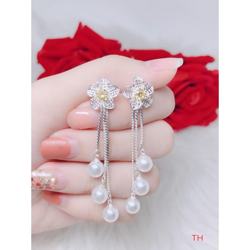 Bông tai bạc gắn 3 hạt trai thả dài MS88