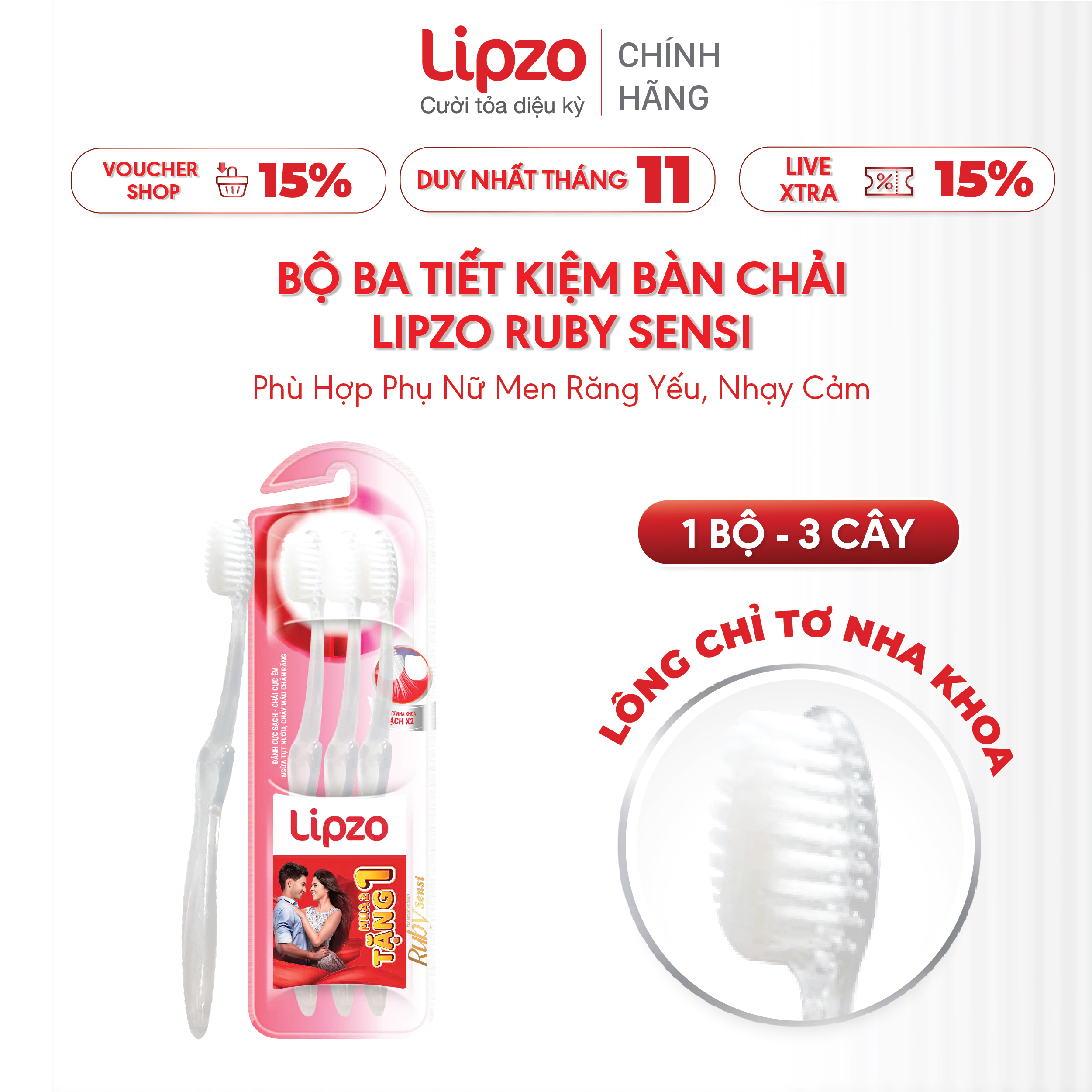 Bộ Ba Tiết Kiệm Bàn Chải Đánh Răng Lipzo Ruby Sensi Lông Chỉ Tơ Nha Khoa, Phù Hợp Phụ Nữ Men Răng Yếu, Nhạy Cảm