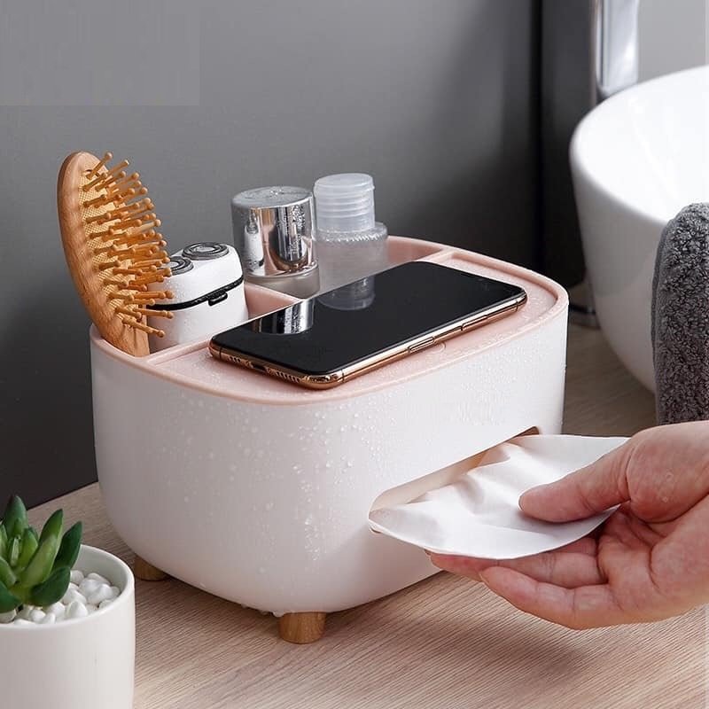 Hộp đựng khăn giấy trang trí để bàn có 2 hộc đựng đồ đa năng - Hộp khăn giấy chất liệu nhựa ABS