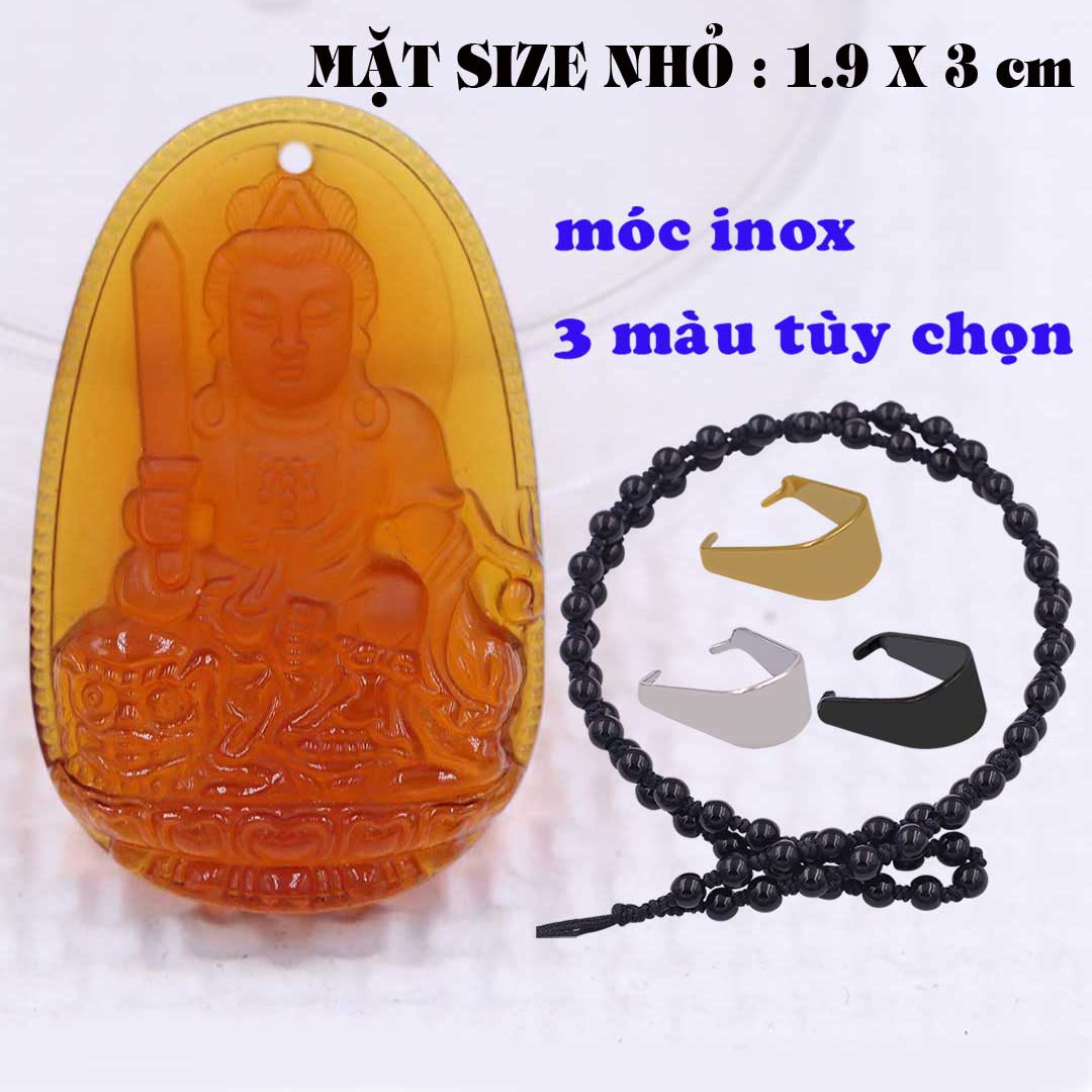 Mặt Phật Văn thù pha lê cam 1.9cm x 3cm kèm vòng cổ hạt chuỗi đá đen + móc inox vàng, Phật bản mệnh, mặt dây chuyền