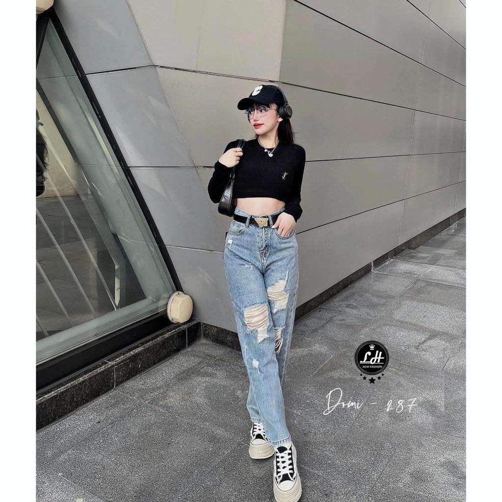 Quần baggy jean nữ rách tua rua 2 gối siêu lạ lưng cao siêu chất Lê Huy Fashion MS 287