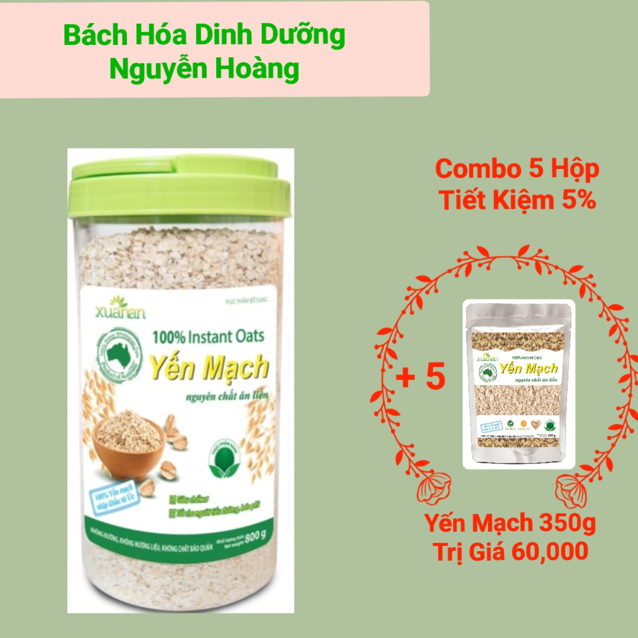 Combo :5 Hộp Yến Mạch nguyên chất 100% Úc 800g Xuân An