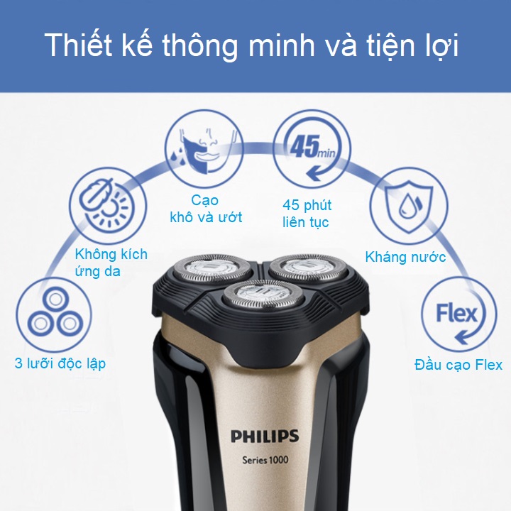 Máy cạo râu điện Philips 3 lưỡi tự mài đa năng cạo khô và ướt S1020 - Hàng nhập khẩu