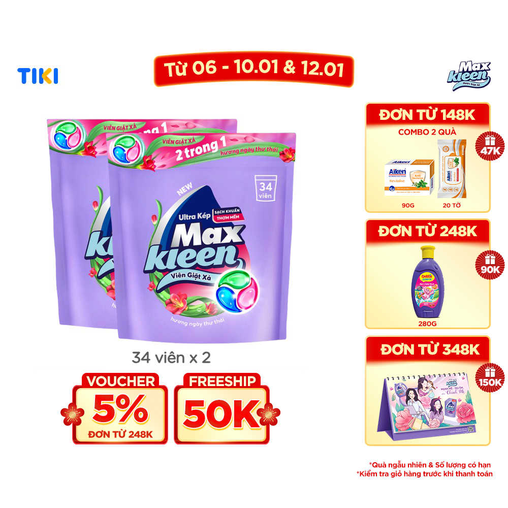 Combo 2 túi viên giặt xả MaxKleen Hương ngày thư thái (34 viên/ túi)