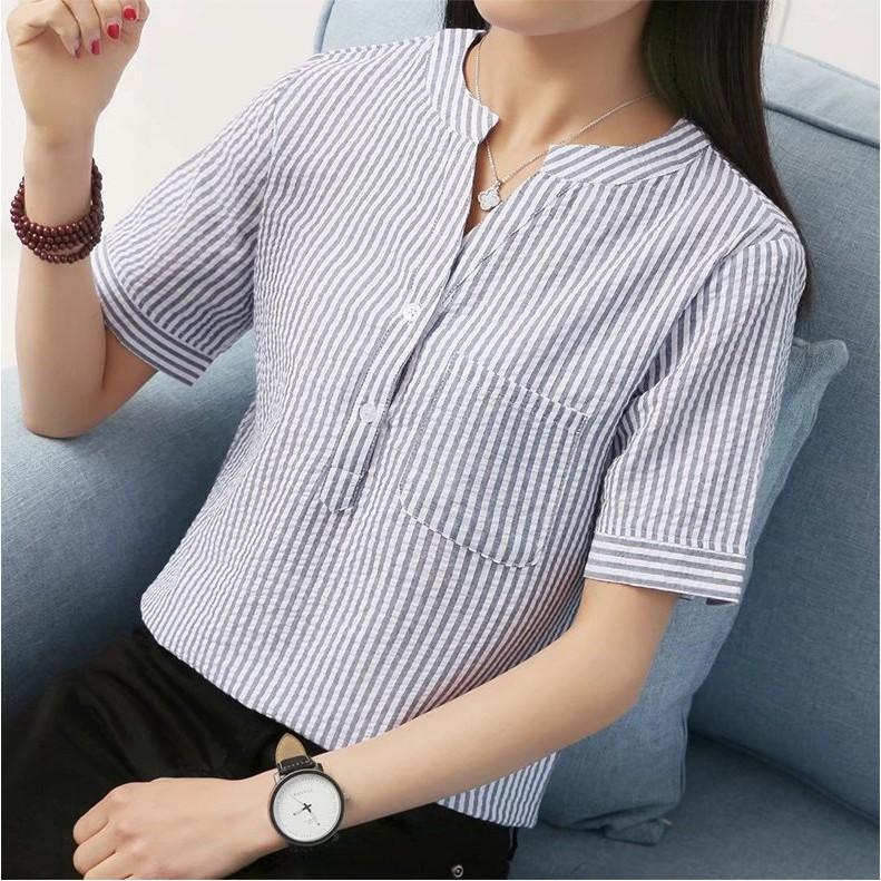 Áo sơ mi nữ Haint Boutique áo cổ tàu thiết kế kẻ sọc nhỏ s51