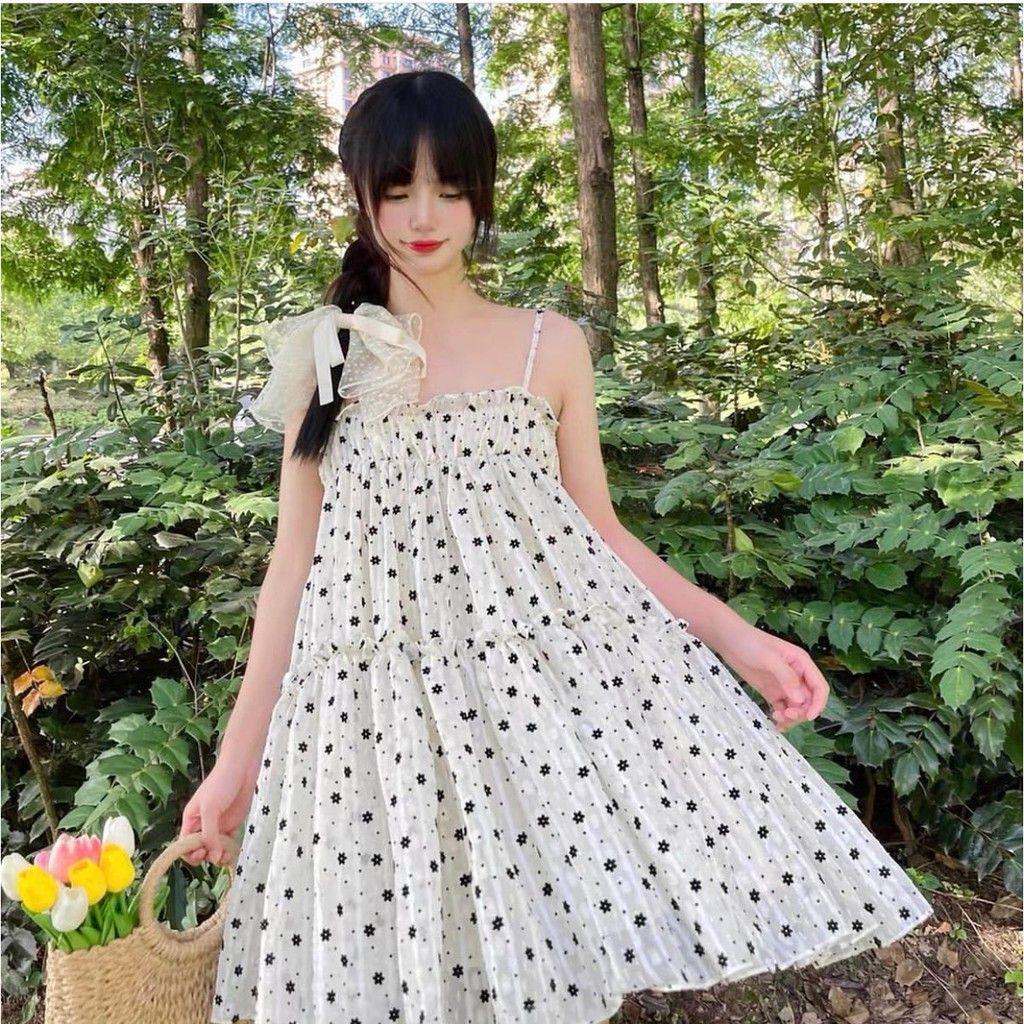 Đầm Nữ 2 Dây Hoa Nhí Đen Ngực Bèo Váy Nữ Dáng Ngắn Chất Voan Q063