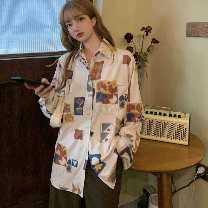 Áo Sơ Mi Tay Dài Form Rộng In Họa Tiết Phong Cách Retro Cho Nữ