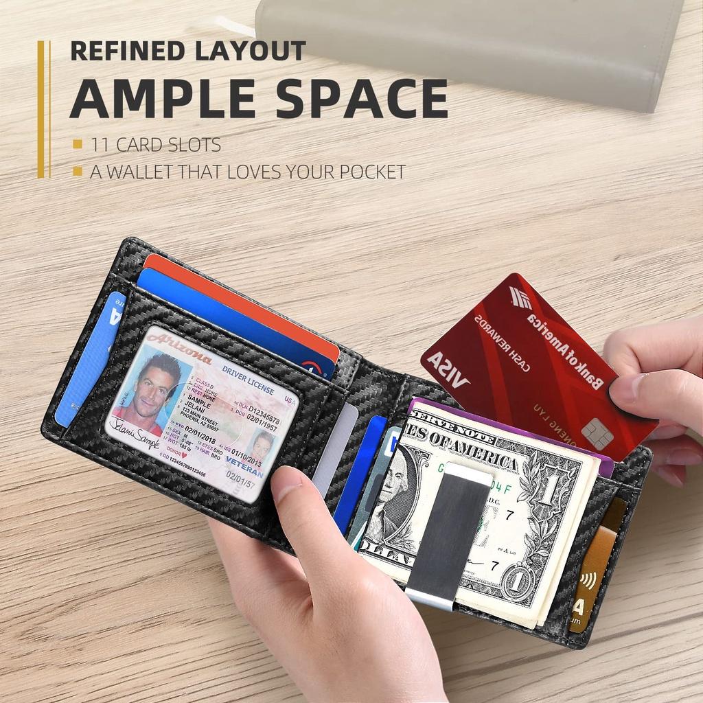 Money Clip Wallet - Ví kẹp tiền da nam đựng thẻ Carbon RFID tối đa đến 15 thẻ