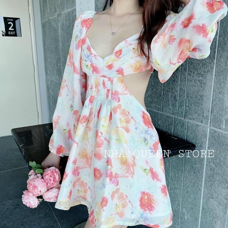 Đầm Hoa Nơ Lưng Tay Phồng Xếp Ly Thân