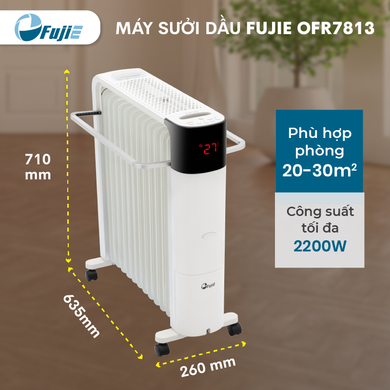 Máy sưởi dầu điều khiển từ xa nhập khẩu FujiE OFR7813,13 thanh sưởi sử dụng phòng 30m2, bảng điều khiển điện tử  tăng giảm nhiệt độ- Hàng CHính Hãng