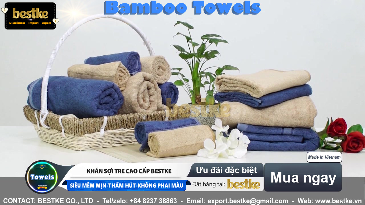 COMBO 2 BỘ = 6 Khăn Tắm, Khăn Gội, Khăn Mặt Bamboo Bestke Cao cấp Xuất khẩu Hàn Quốc màu Xanh, Bamboo Towel