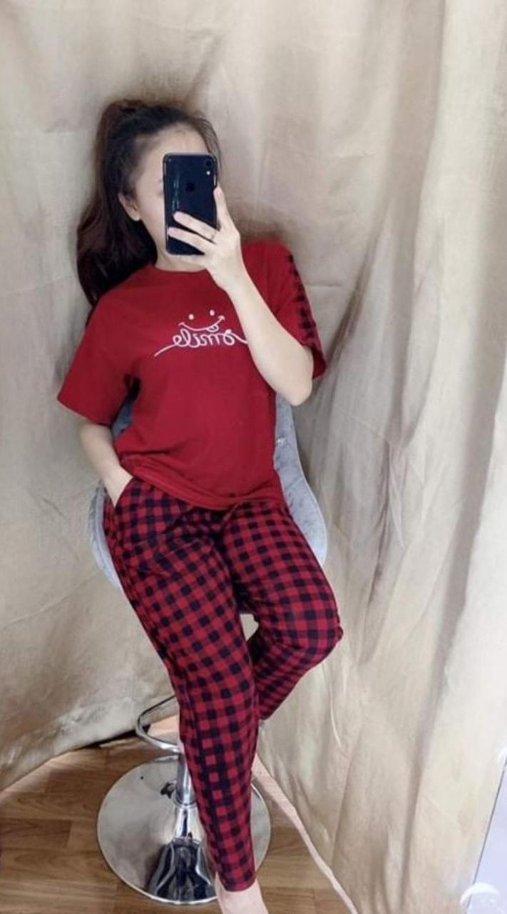 Đồ bộ mặc nhà quần dài phối sọc caro thun cotton thoáng mát