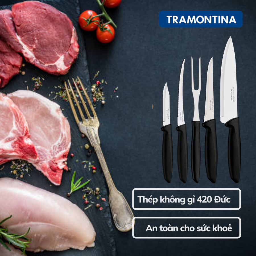 Bộ Dao Nhà Bếp Tramontina PLENUS 6 Dao Bếp Kèm Khối Gỗ Thép Không Gỉ Cán Nhựa Đen Nhập Khẩu Chính Hãng Brazil