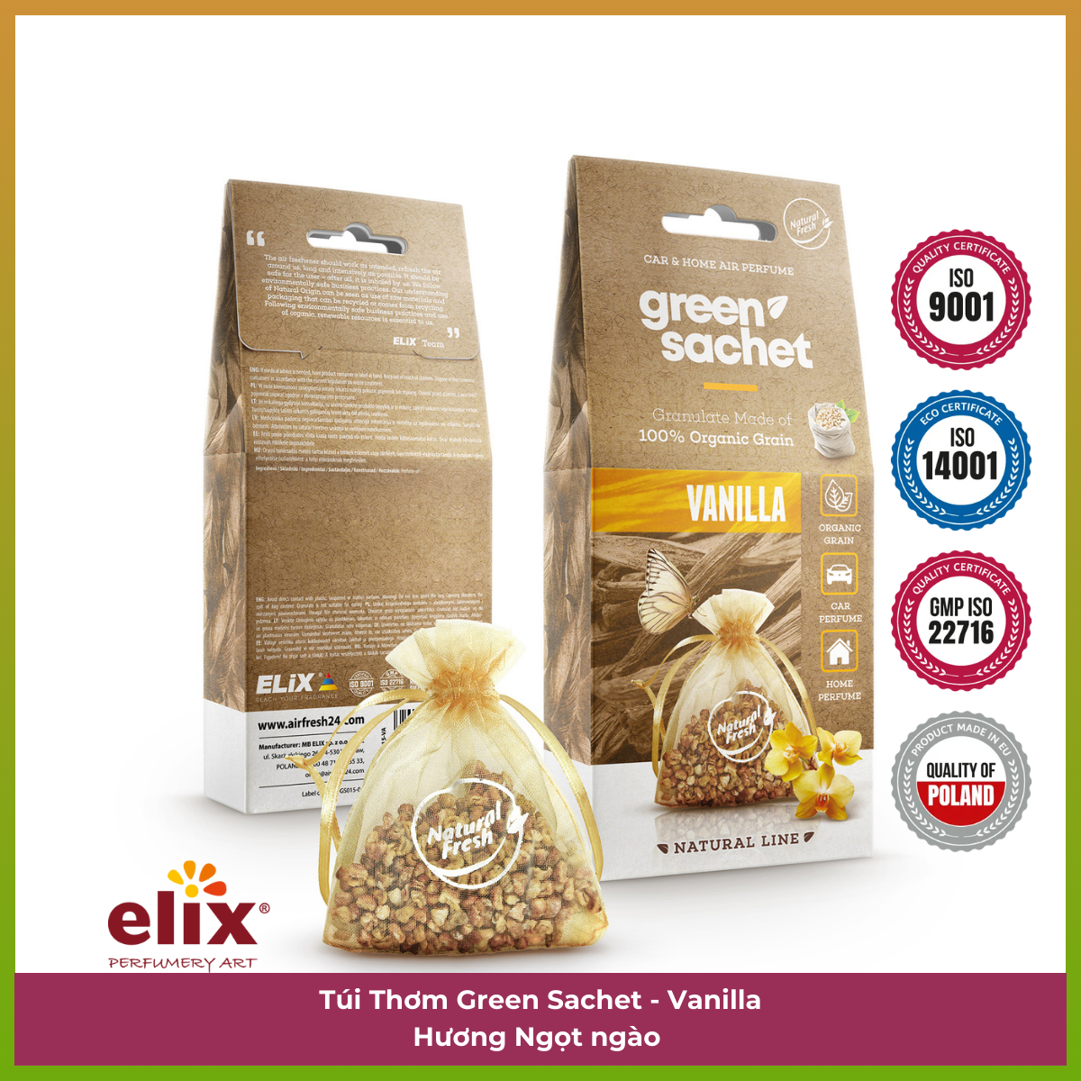 Túi thơm để taplo ô tô Elix Green Sachet - Hương Vanilla (Dịu nhẹ - Ngọt ngào)