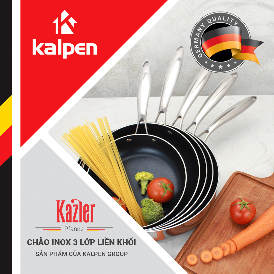 Chảo chống dính 3 lớp liền khối Kalpen Kazler, chất liệu inox size 20cm, 24cm, 26cm, 28cm, 30cm - Hàng chính hãng