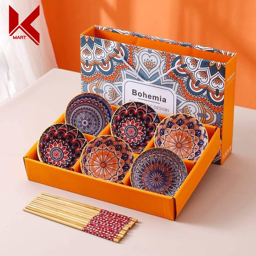 Bộ bát đũa bohemia cao cấp gồm 6 bát ăn cơm và 6 đôi đũa tre tự nhiên - K-Mart