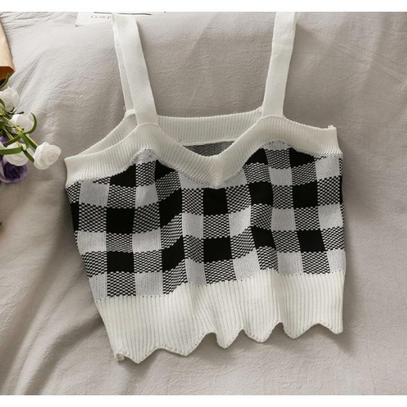 Áo len 2 dây dáng ngắn kẻ caro siêu xinh, free size từ 35_60kg