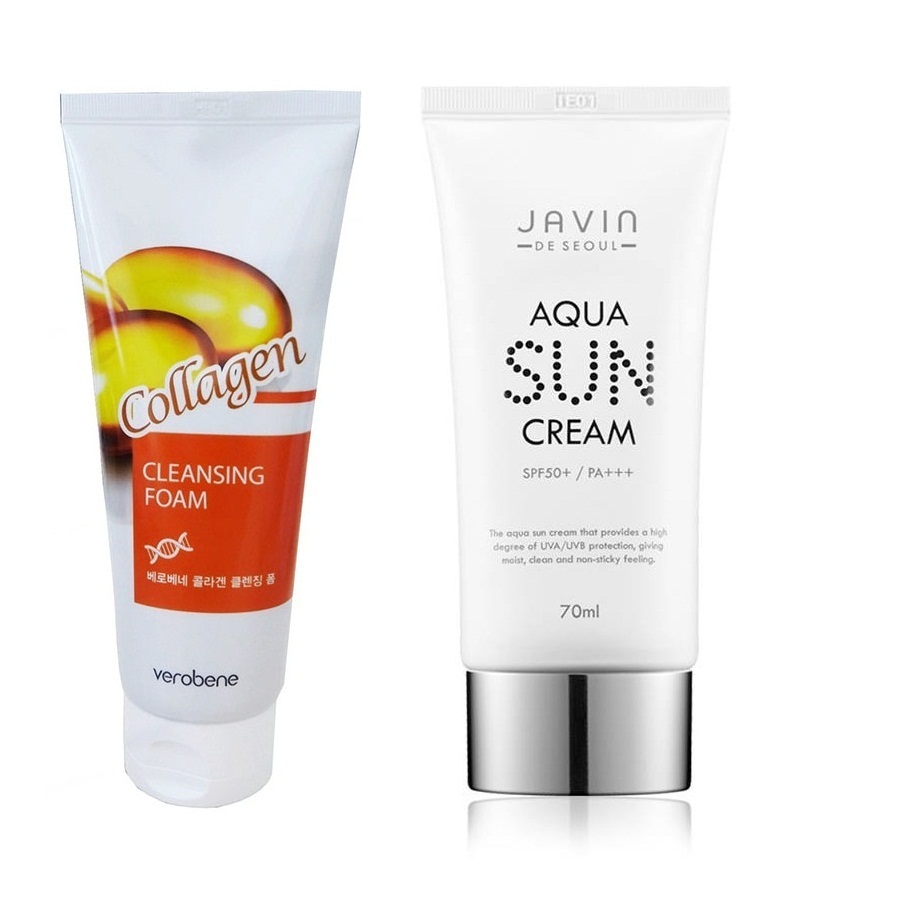 COMBO Sữa Rửa Mặt Collagen – Verobene Collagen Cleansing Foam 150ml + Kem chống nắng – Javin Tiara Aqua Sun Cream SPF 50+PA+++ 70ml