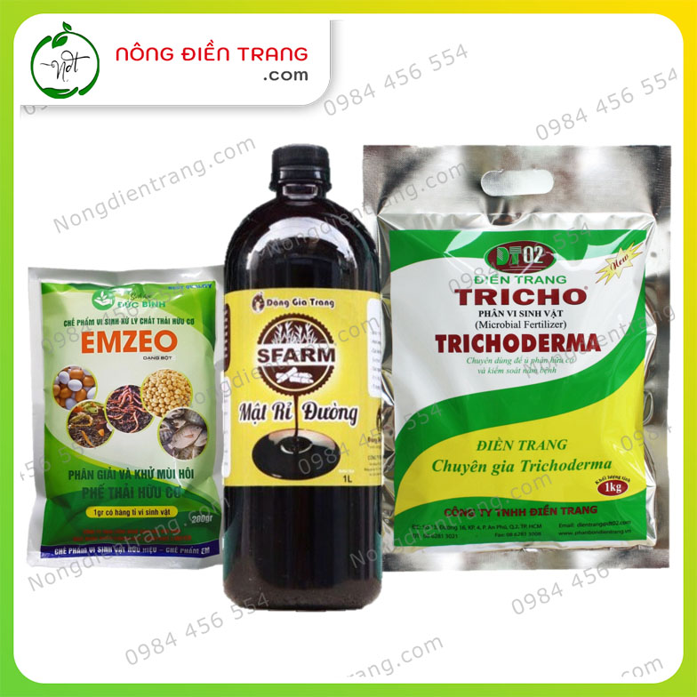 Combo 1 Gói Emzeo Khử Mùi Hôi 200G, 1 Lít Mật Rỉ Đường Sfarm và 1Kg Nấm Đối Kháng Trichoderma - Ủ phân bón. xử lí rác thải hữu cơ, khử mùi hôi chuồng trại, ao cá, thú nuôi VTNN Nông Điền Trang