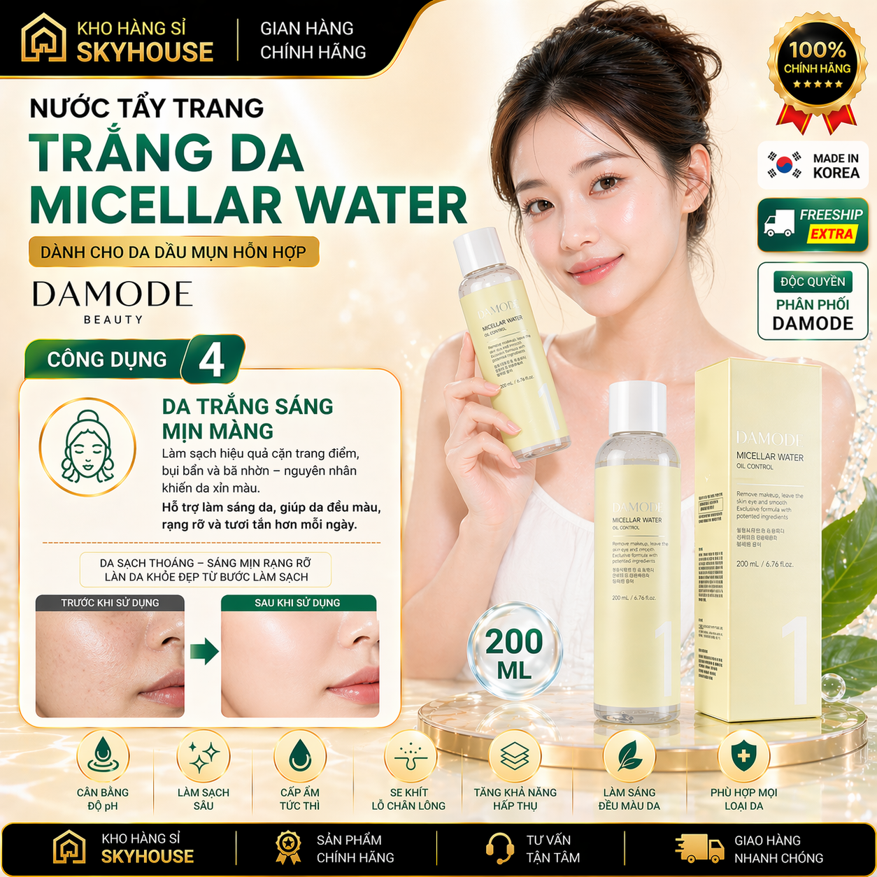 Nước tẩy trang cho da dầu mụn MICELLAR WATER DAMODE chai 200ml nước tẩy trang sạch sâu chính hãng