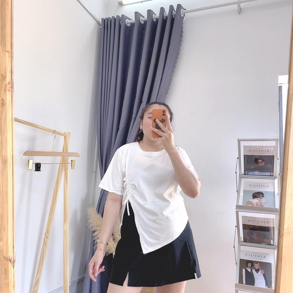 Áo thun tay ngắn croptop bigsize nữ form rộng xẻ kiểu một bên rút dây chất liệu cotton 58kg-95kg A29 - MÀU TRẮNG