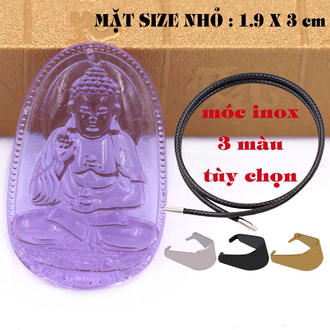 Mặt Phật A di đà pha lê tím 1.9cm x 3cm  kèm vòng cổ dây cao su đen + móc inox vàng, Phật bản mệnh, mặt dây chuyền