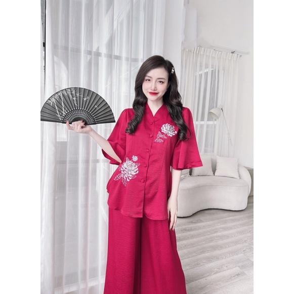 Đồ Bộ Nữ, Bộ Đồ Lam thêu hoa, lụa tuyết nhung, Freesize 40-65kg, tuỳ chiều cao