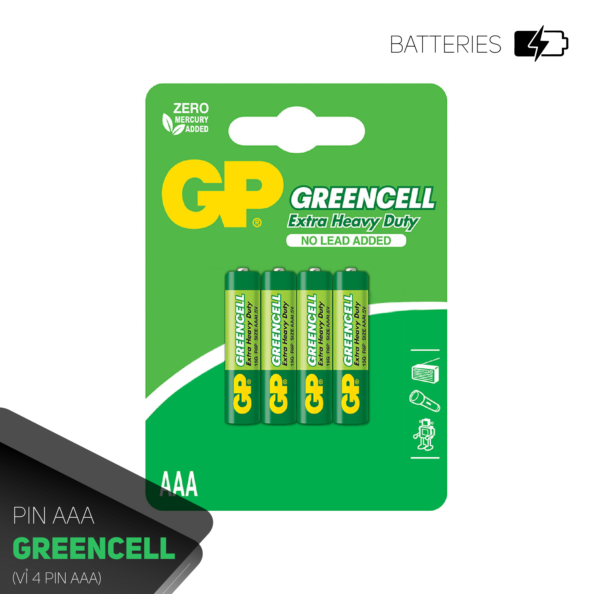 Pin đũa GP Greencell AAA 1.5V (2 viên),Pin AAA GP,Pin chuột máy tính,Pin điều khiển quạt,Pin điều khiển tivi,Pin sử dụng cho các thiết bị nhỏ,Pin đồng hồ treo tường,Pin đồ chơi điện tử trẻ em