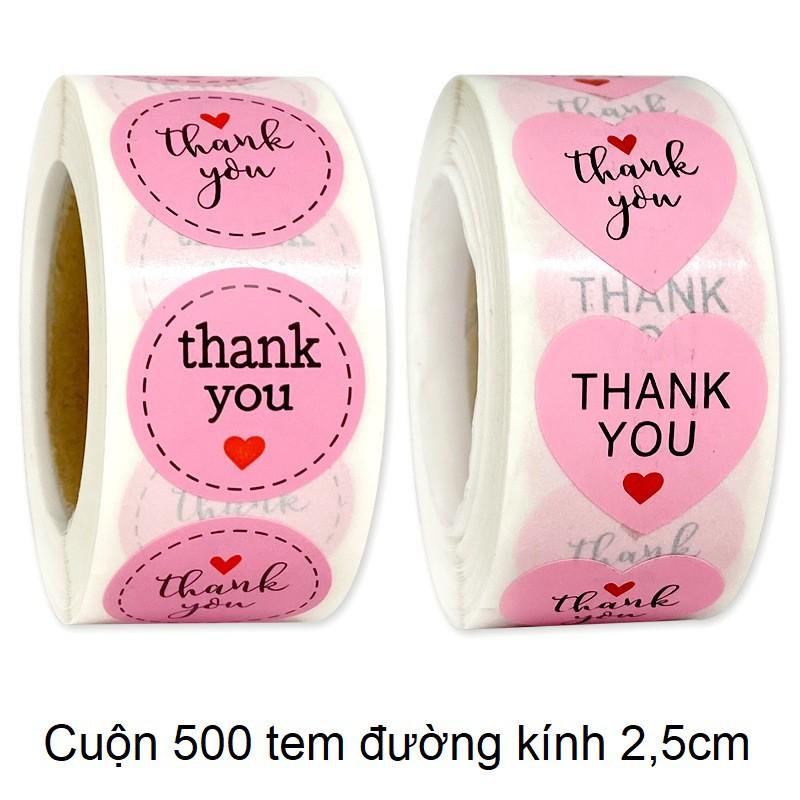 Cuộn 500 tem Sticker Thank you in màu tự dính - Tem cảm ơn siêu dễ thương nền Hồng