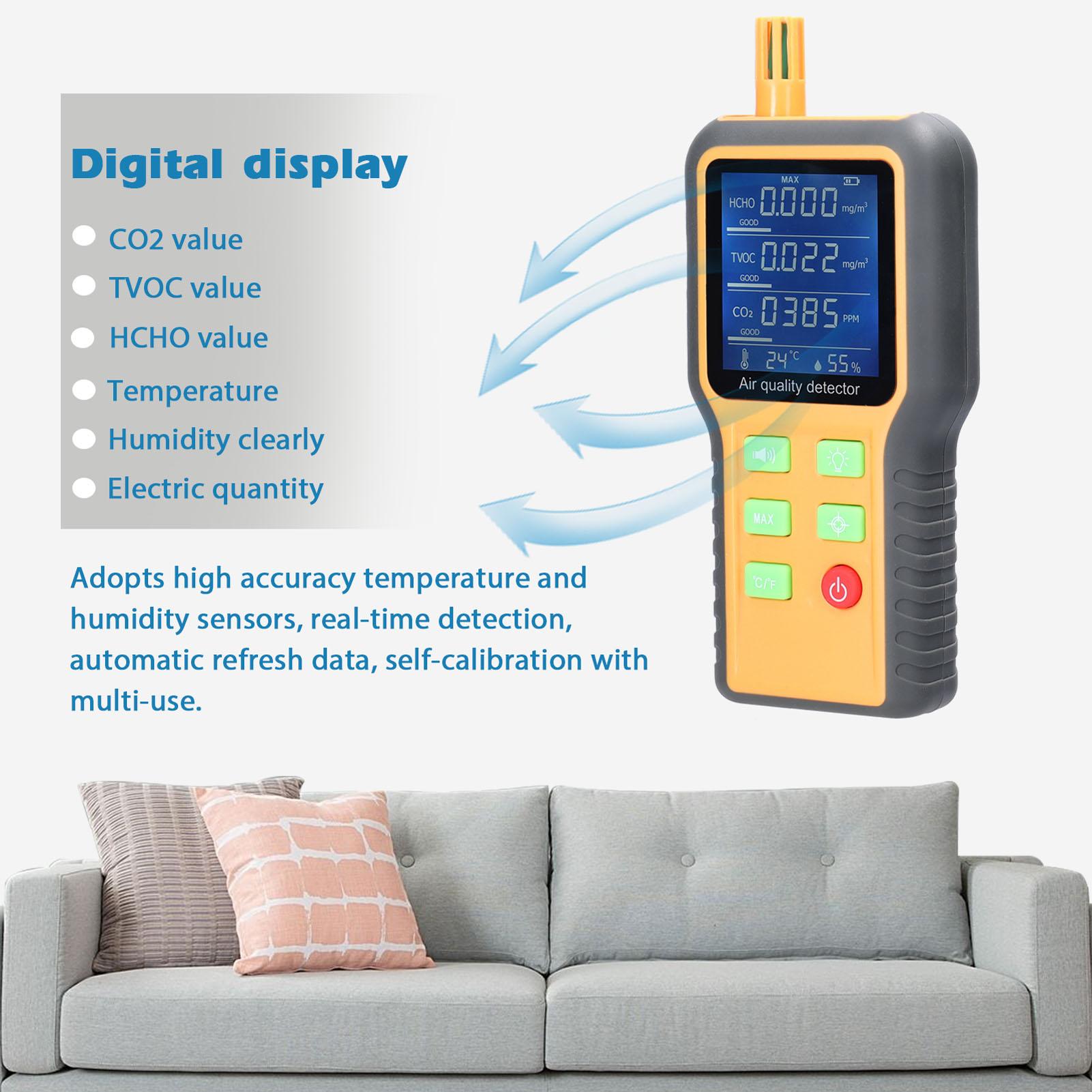 Household Air Quality Detector Multifunctional T/H Sensors CO2 Tester LCD Display with Backlit Carbon Dioxide TVOC HCHO Value Temperature Humidity Detect Self-calibration with Alarm Function