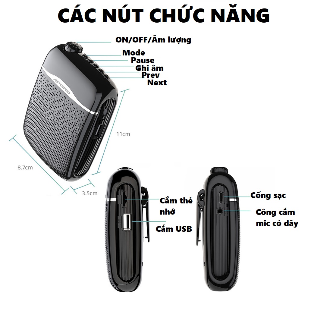 Loa máy trợ giảng Aporo T21 UHF, 2.4G công suất 30W Bluetooth 5.0 không dây cao cấp - Hàng chính hãng