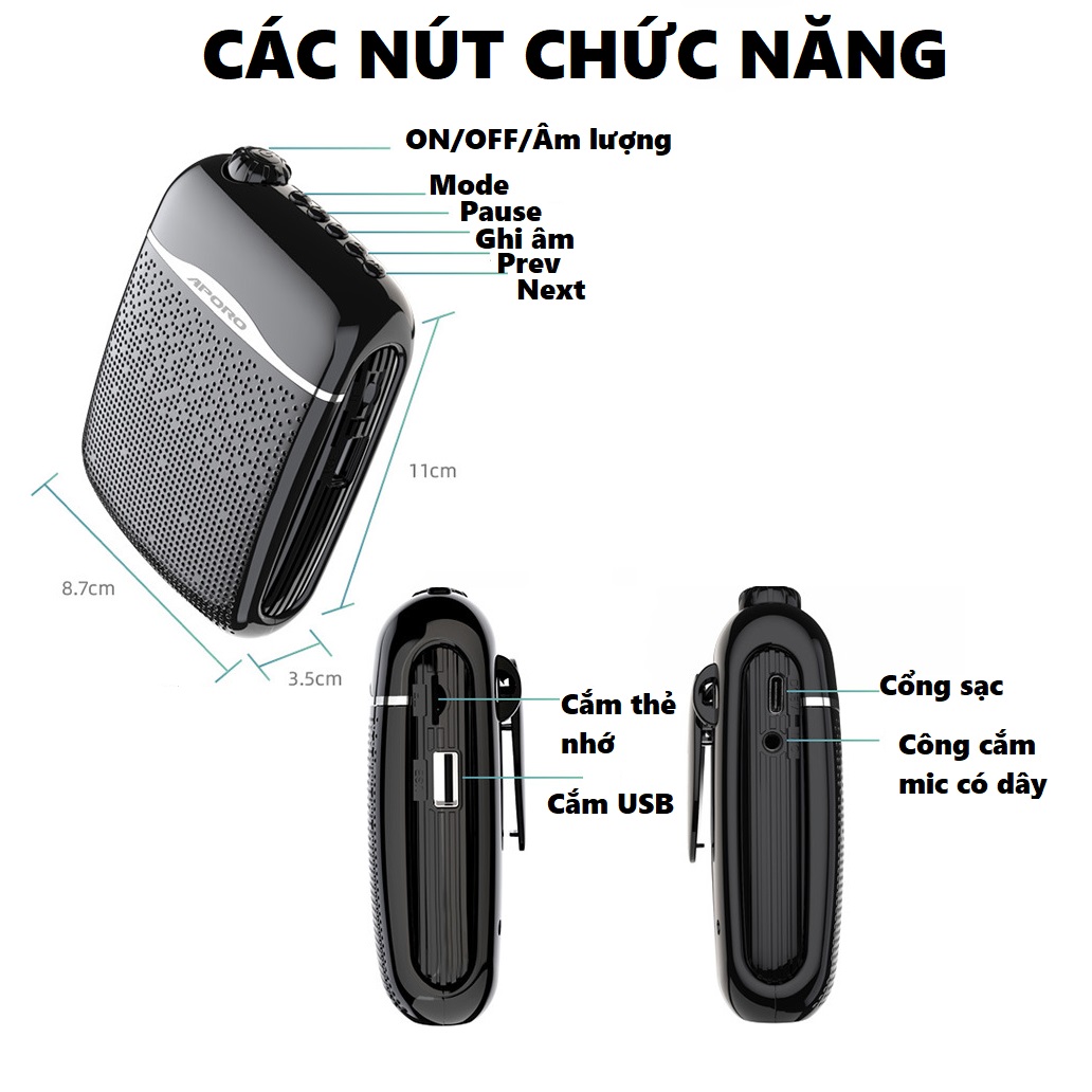 Loa máy trợ giảng Aporo T21 UHF, 2.4G công suất 30W Bluetooth 5.0 không dây cao cấp (gồm 3 micro)- Hàng chính hãng