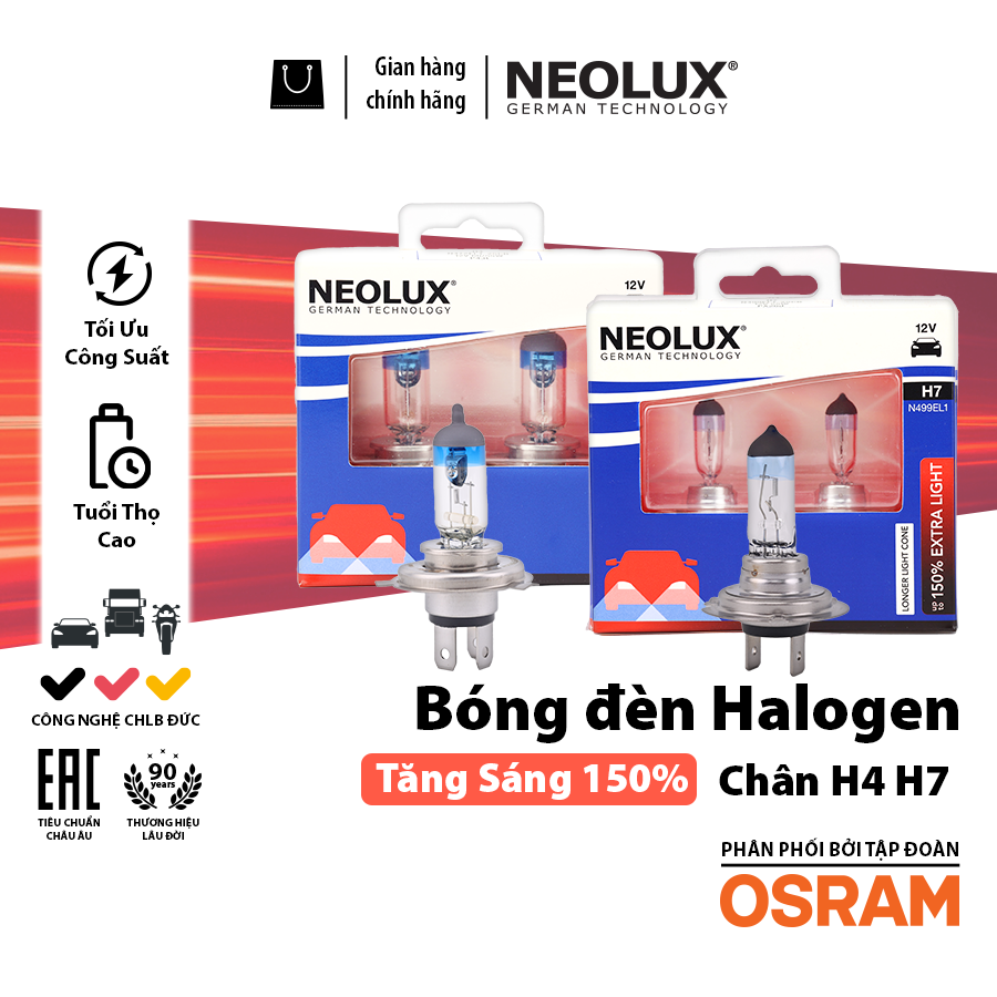 Combo 2 Bóng Đèn Halogen Tăng Sáng 150% OSRAM NEOLUX Dùng Cho Xe Ô Tô Xe Máy Chân H4 H7 - Nhập Khẩu Chính Hãng
