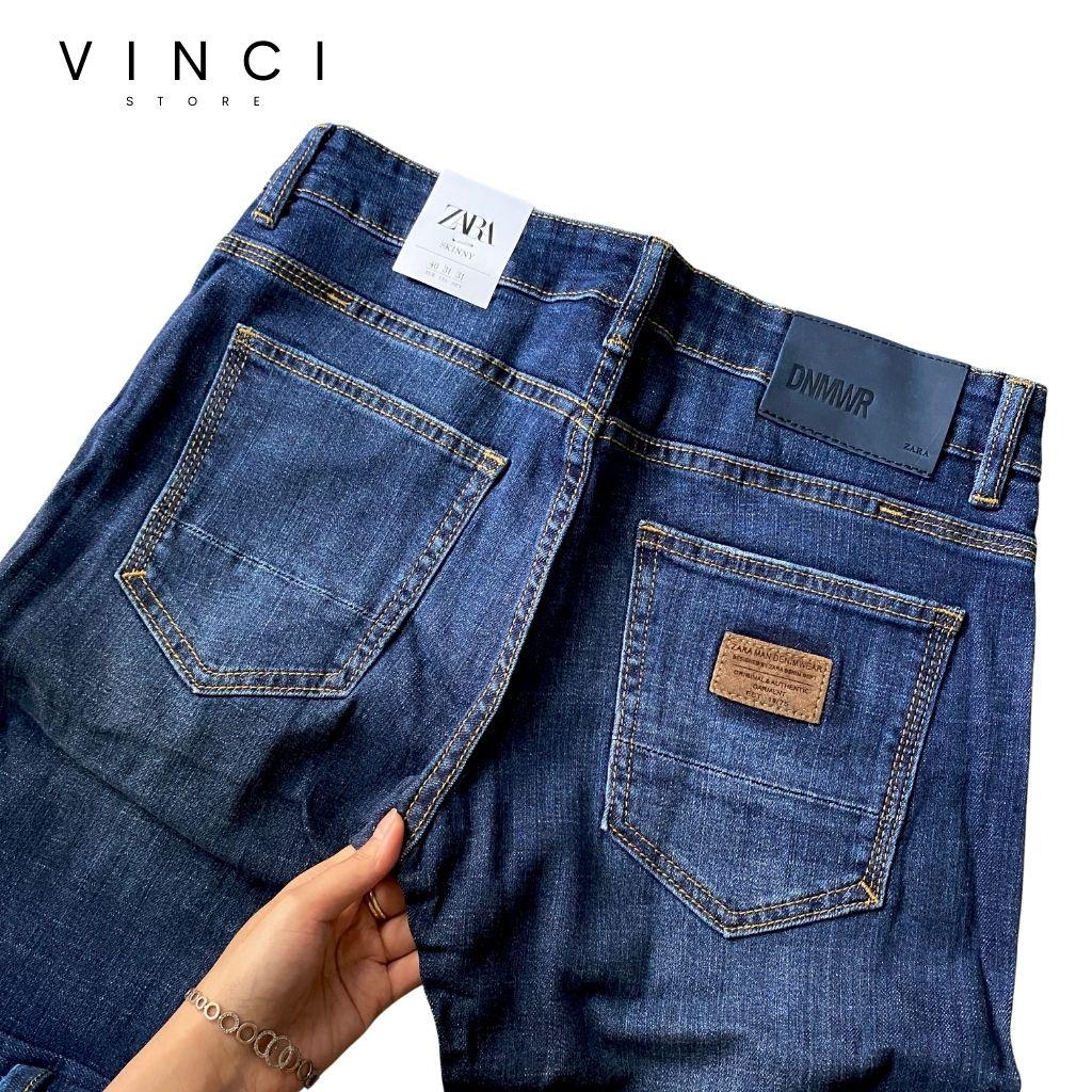 Quần Jean Nam Vnxk Xanh Trơn Slim Fit Ống Côn Chất Bò Co Dãn