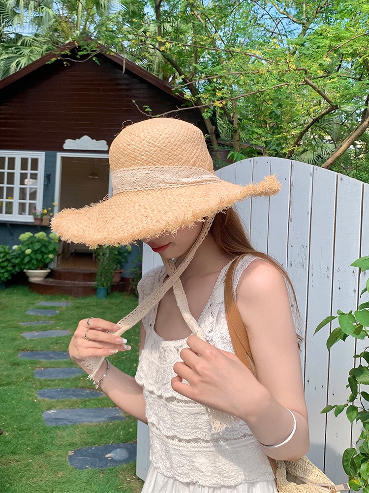 Nón cói rơm dây nơ ren vành xước vintage