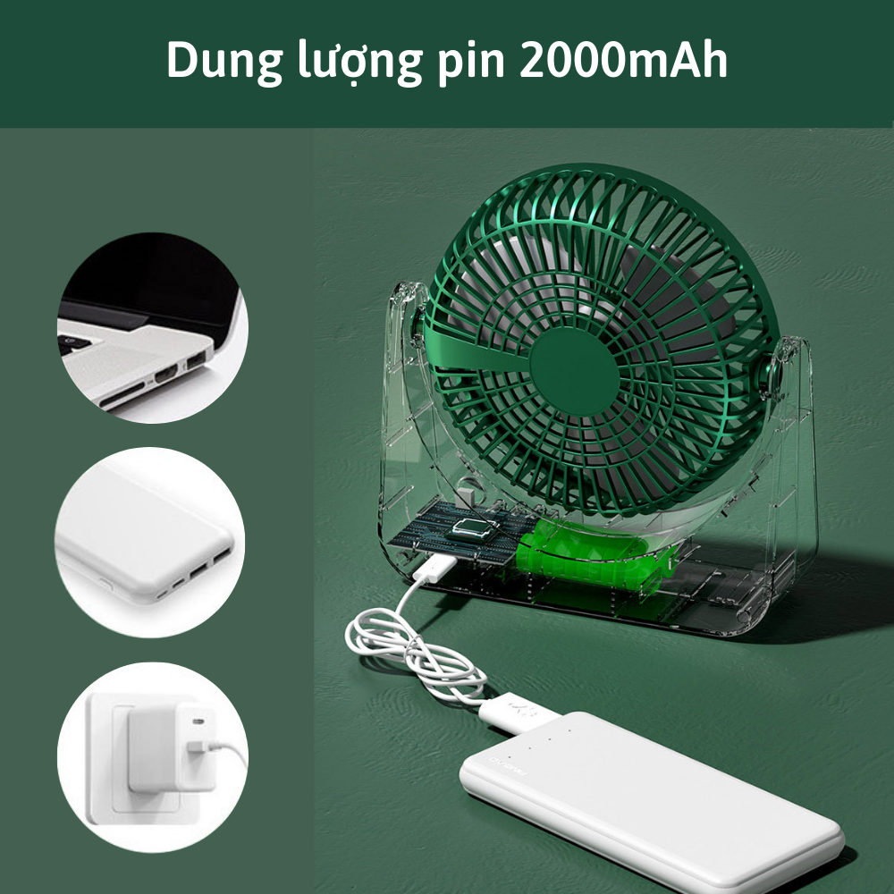 Quạt tích điện để bàn CTFAST F101, quạt mini văn phòng không gây ồn, 3 tốc độ gió, điều chỉnh 270 độ, tặng kèm sticker trang trí, sạc USB - Hàng chính hãng