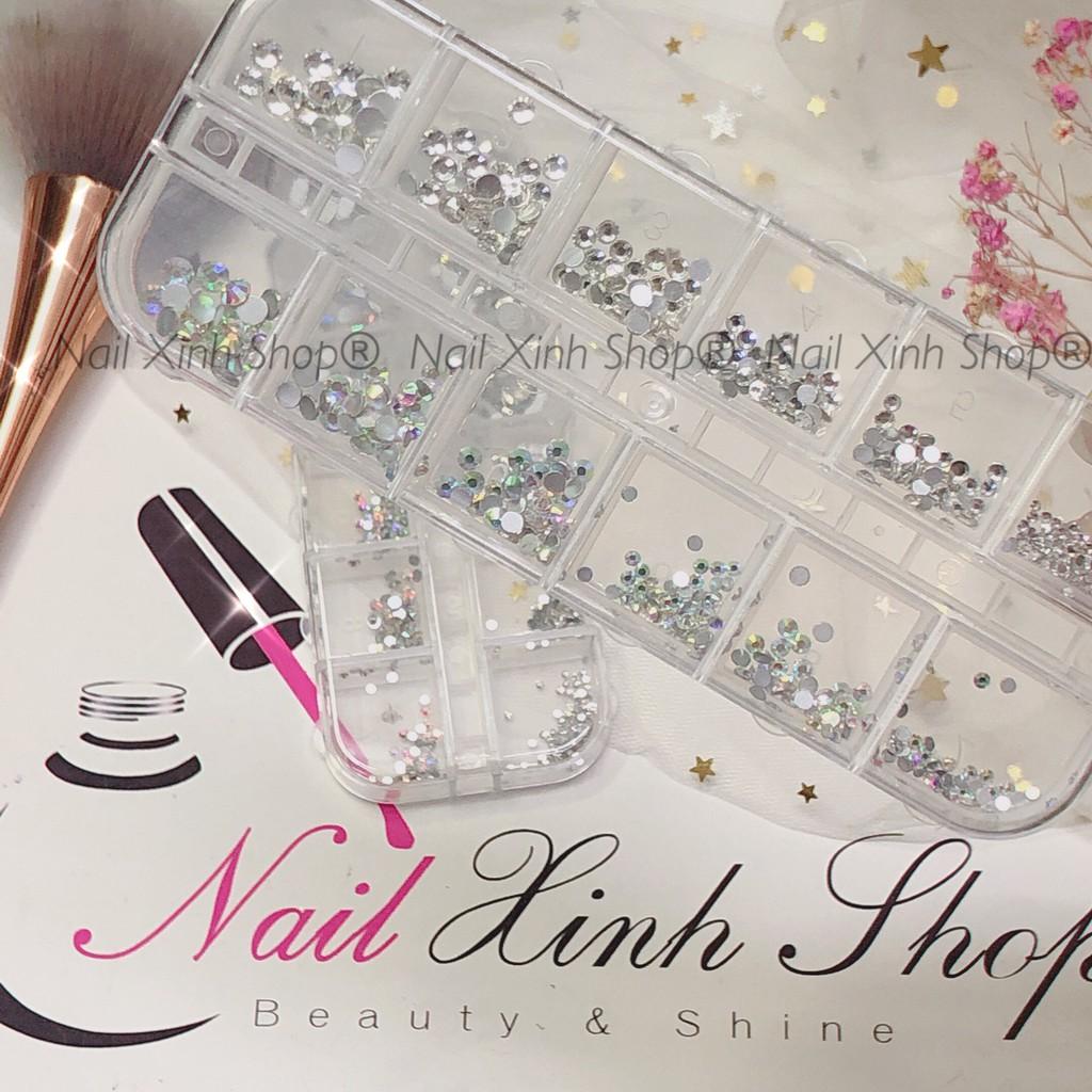 Khay nail 12 ô, phụ kiện trang trí móng tay, đá nail AB, đá chân bạc (1440 viện đá mix size/set) phụ kiện nail hot 2020