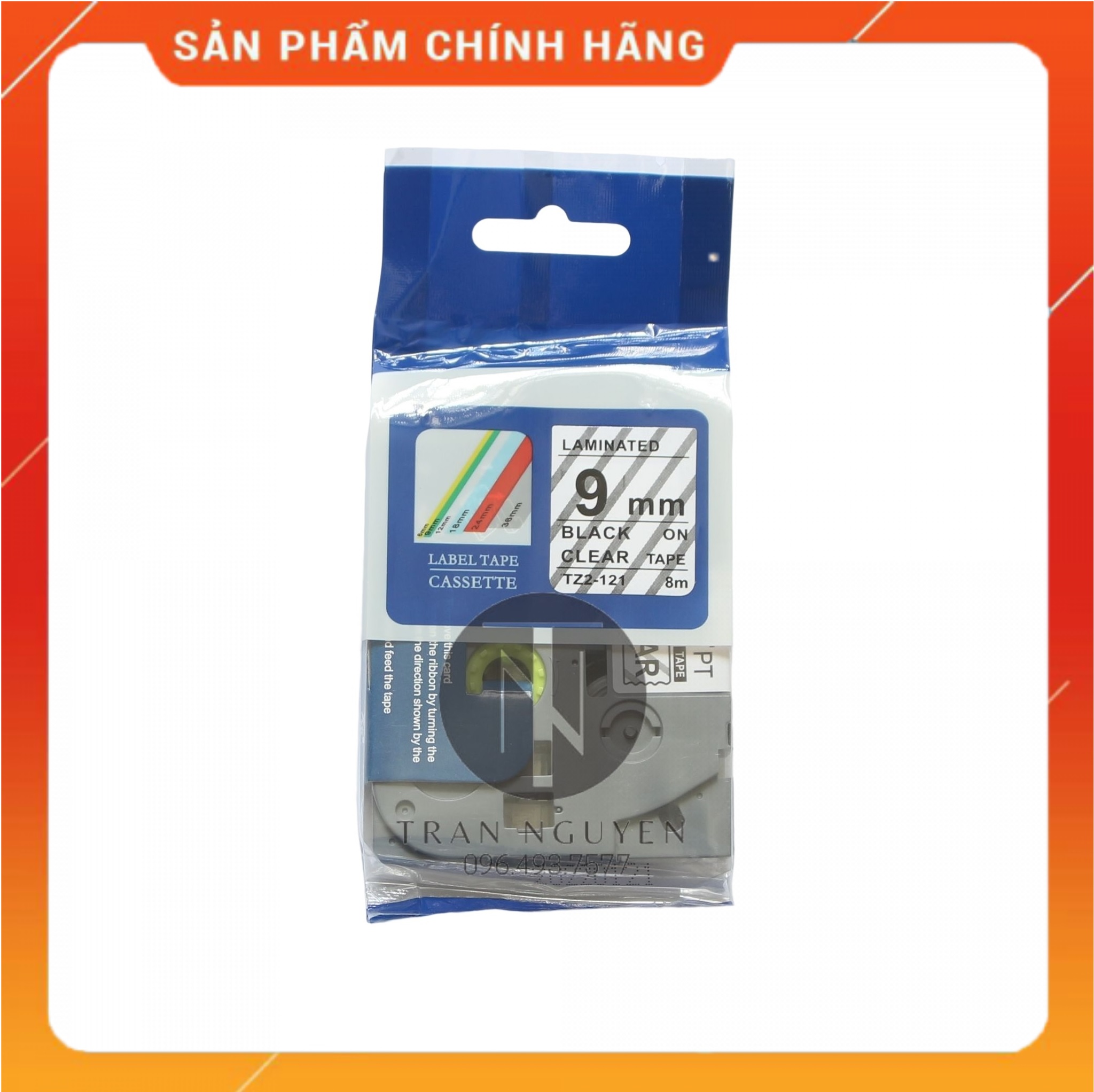 Nhãn In Brother Tz2-121 Đen nền trong 9mm x 8m - Hàng nhập khẩu