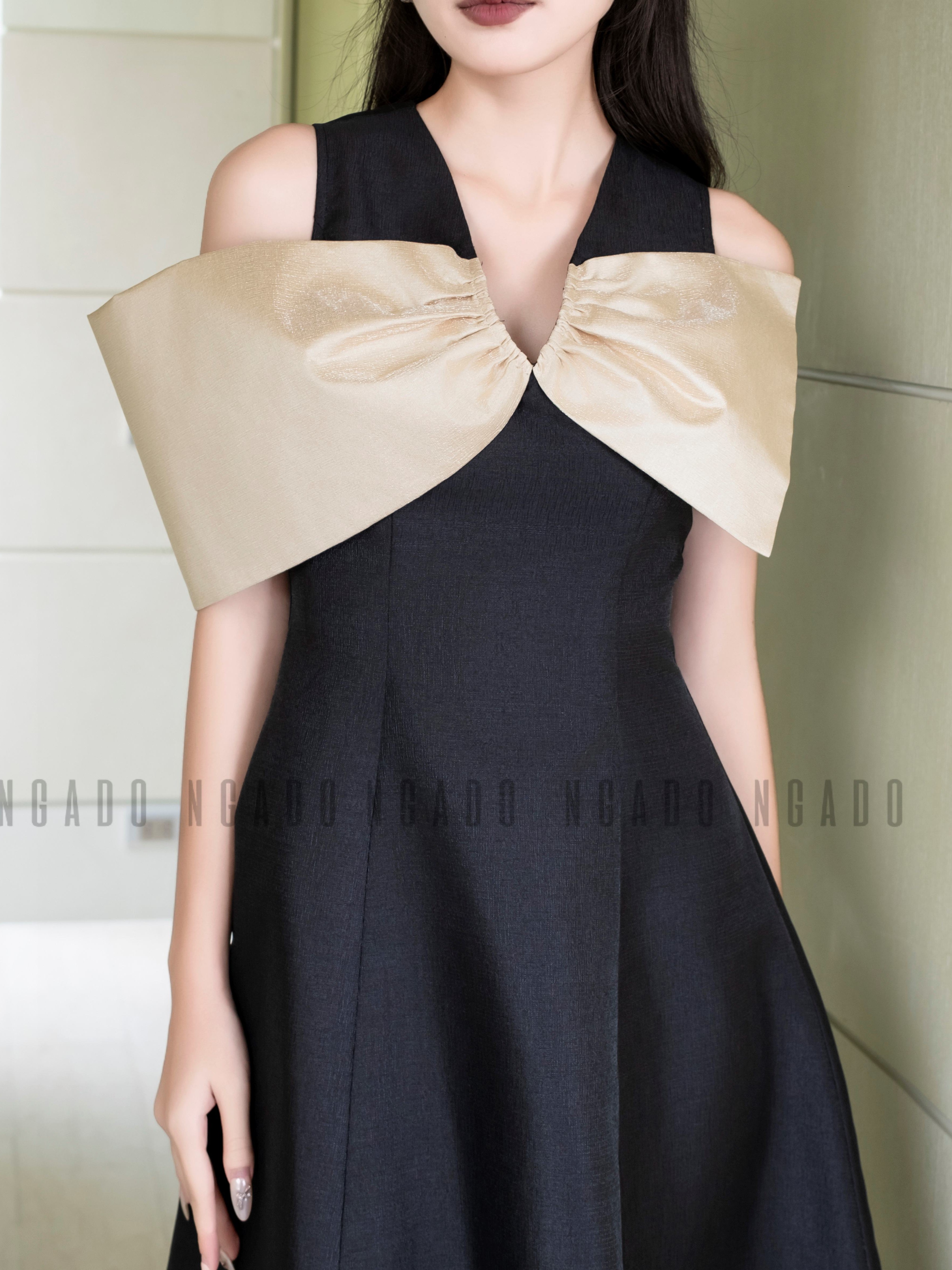Đầm đen tay nơ NGADO , Đầm xòe , Đầm dự tiệc